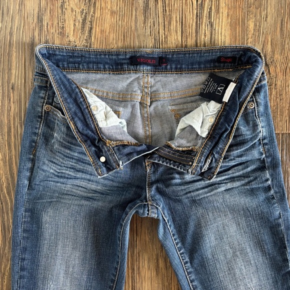 Vigold Straight Jeans Womens Juniors 7 Dark Wash Blue Denim Whiskers Embroidered - Picture 9 of 12